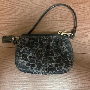 Coach Black Signature Pattern Wristlet with Silver Hardware